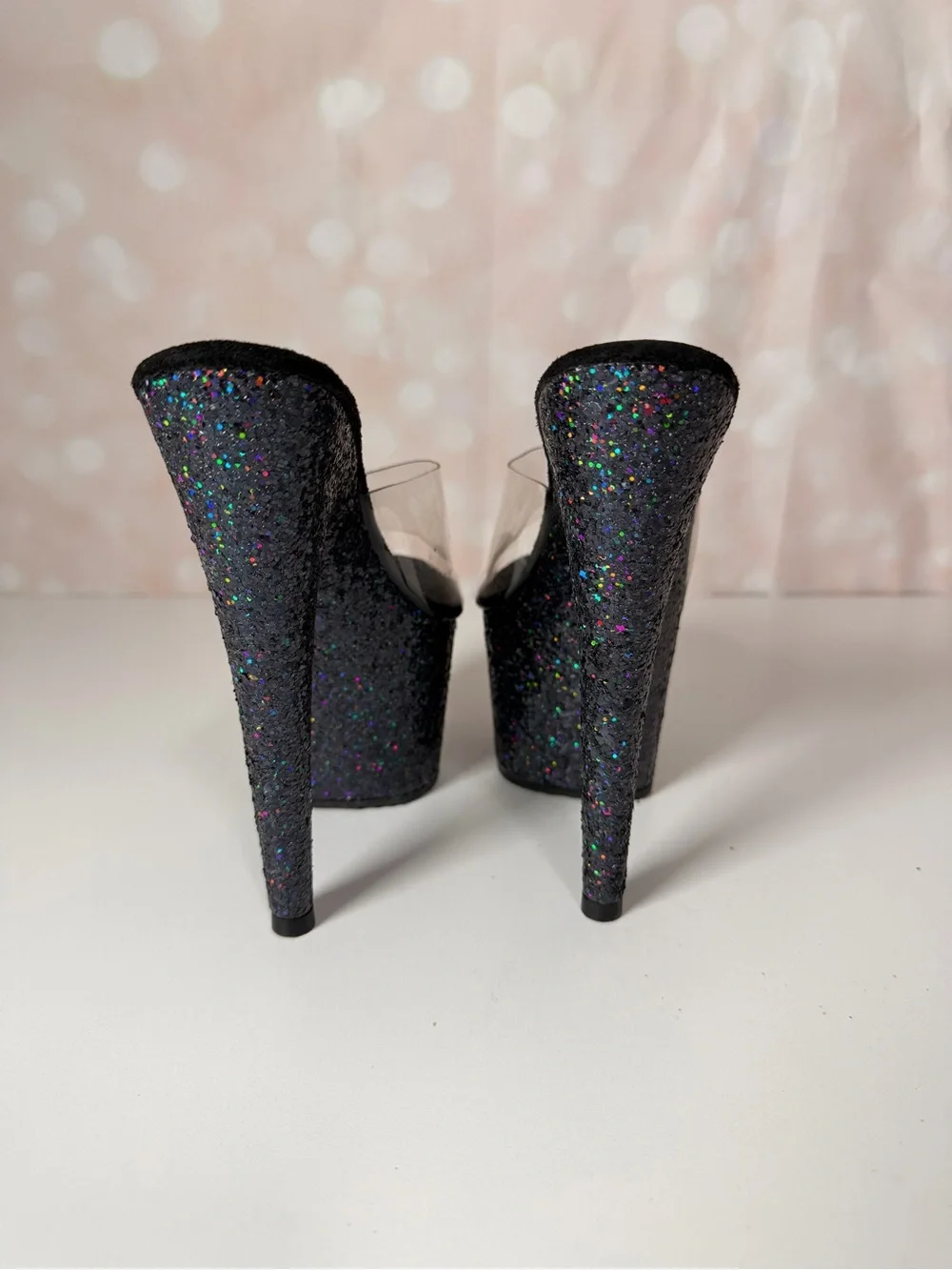 PLEASER Black Glitter Platform Heels Mules Sandals